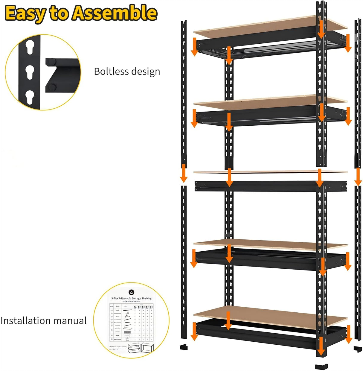 KOKEBREN Garage Shelving Heavy Duty Storage Shelves 2000Lbs Capacity, 5 Tier Adjustable Metal Shelving Unit 48" W x 18" D x 72" H, Industrial Utility Rack for Kitchen Pantry KOKEBREN
