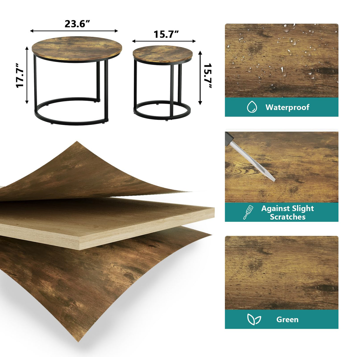 Smuxee Nesting Coffee Table Set of 2, 23.6" Round Coffee Table Rustic Wood Top with Adjustable Non-Slip Feet, Industrial End Table Side Tables for Living Room Bedroom Balcony Yard Smuxee