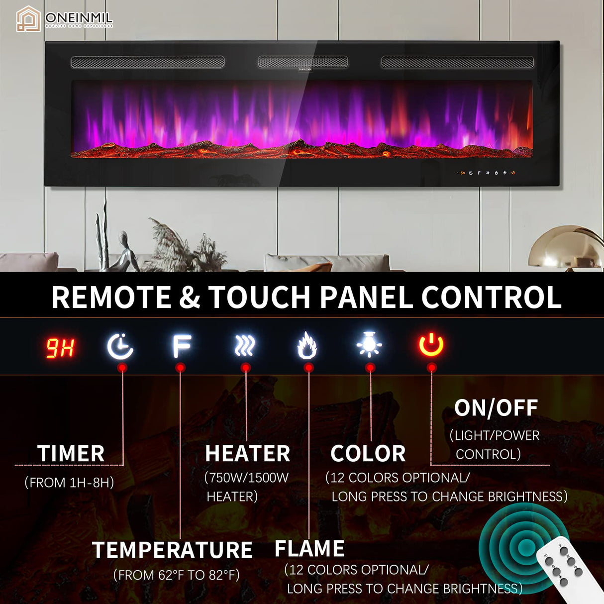 oneinmil Electric Fireplace, 60 inch Wide Recessed and Wall Mounted Electric Fireplace, 750W/1500W, 12 Color Flame, Remote Control, Log Set & Crystal oneinmil