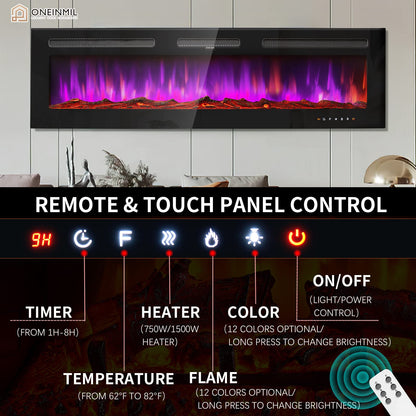 oneinmil Electric Fireplace, 60 inch Wide Recessed and Wall Mounted Electric Fireplace, 750W/1500W, 12 Color Flame, Remote Control, Log Set & Crystal