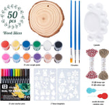 ilauke Wood Slices, 50PCS 2.4"-2.8" Unfinished Natural Wooden Christmas Ornaments Kit with Pre-drilled Hole, Acrylic Paint Pattern Stencils, DIY Crafts for Xmas Ornaments Party Holiday Decor ilauke