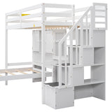 Twin over Twin Bunk Bed with Stairs and Desk, Solid Wood Loft Bed with Storage Shelves and Drawers, Stairway Bunk Bed Frame with Bookcase Headboard for Kids Teens Adults - White Harper & Bright Designs