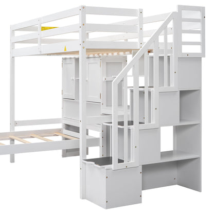 Twin over Twin Bunk Bed with Stairs and Desk, Solid Wood Loft Bed with Storage Shelves and Drawers, Stairway Bunk Bed Frame with Bookcase Headboard for Kids Teens Adults - White