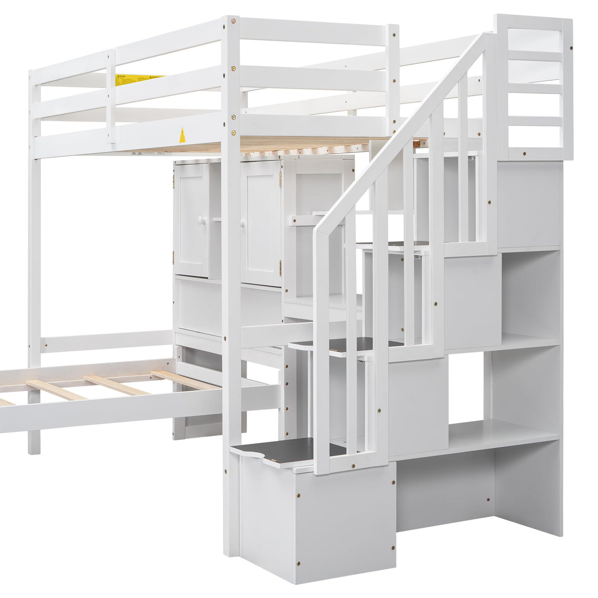 SOFTSEA Twin Over Twin Bunk Beds with Stairs & Desk, Solid Wood Loft Bunk Bed with Storage Stairs Shelves and Drawers, Twin Stairway Bunk Bed Frame with Bookcase for Kids Teens Adults, White SOFTSEA