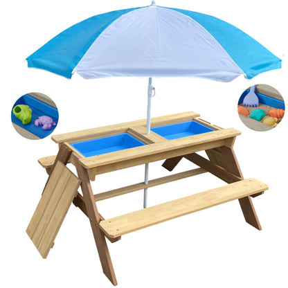 BTExpert Kids 3-in-1 Sand Water Activity Table Wooden Outdoor Convertible Picnic Table Bench Adjustable Umbrella Removable Top 2 Play Boxes Toy Set 37 x 35 in - WoodArtSupply