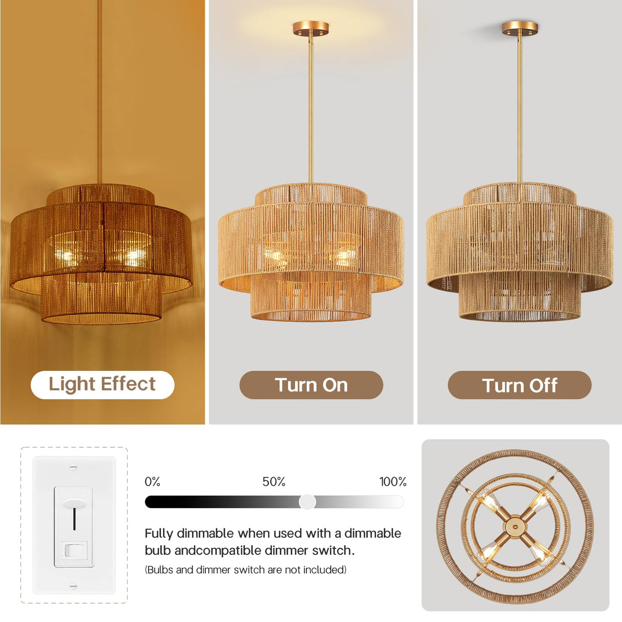 CLARSYNE 24'' Boho Rattan Chandelier, 4-Light Hand-Woven Wicker Pendant Lamp, Rustic Modern Ceiling Light Fixture for Dining Room, Kitchen Island, Living Room, Bedroom, Foyer, Entryway, Over Table CLARSYNE