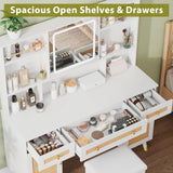 LUXOAK 47" Makeup Vanity Desk with LED Light Mirror & Rattan Design, Vanity Table with Adjustable Large Storage Cabinet for Bedroom Bathroom, Stool Included, White LUXOAK