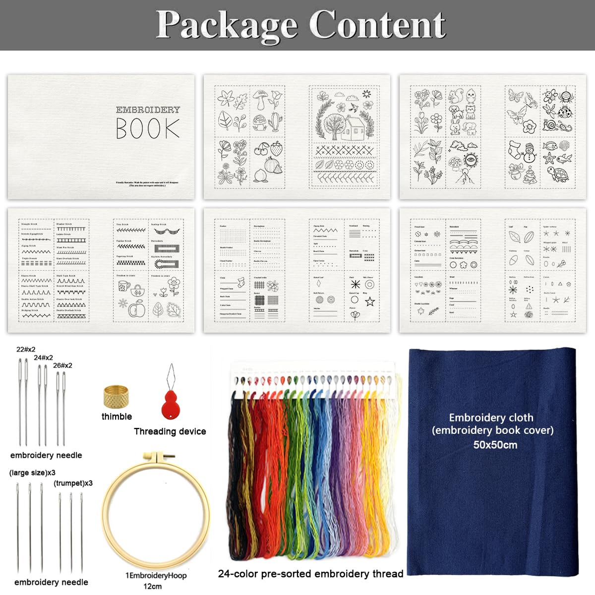 Zhenqing StitchCraft Complete Embroidery Book Kit – 200+ Patterns, 24 Threads, Hoop, Fabric & Tools – Beginner to Advanced DIY Stitching Set with English Guide Zhenqing