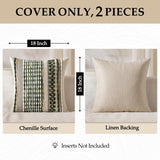 ANRODUO Pack of 2 Boho Decorative Throw Pillow Covers 18x18 Farmhouse Cushion Case Striped Chenille Pillow Cases Square Pillow Covers Accent Neutral Pillowcase for Sofa Couch Bed, Olive Green Stripe ANRODUO