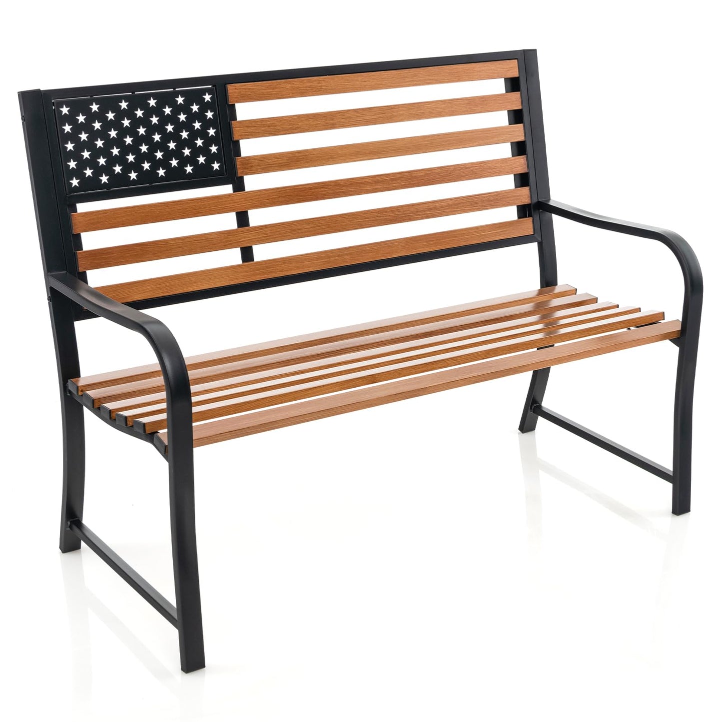 Tangkula 50” Patriotic Metal Garden Bench for 2 with Rustic Wood Finish and Ergonomic Design - WoodArtSupply