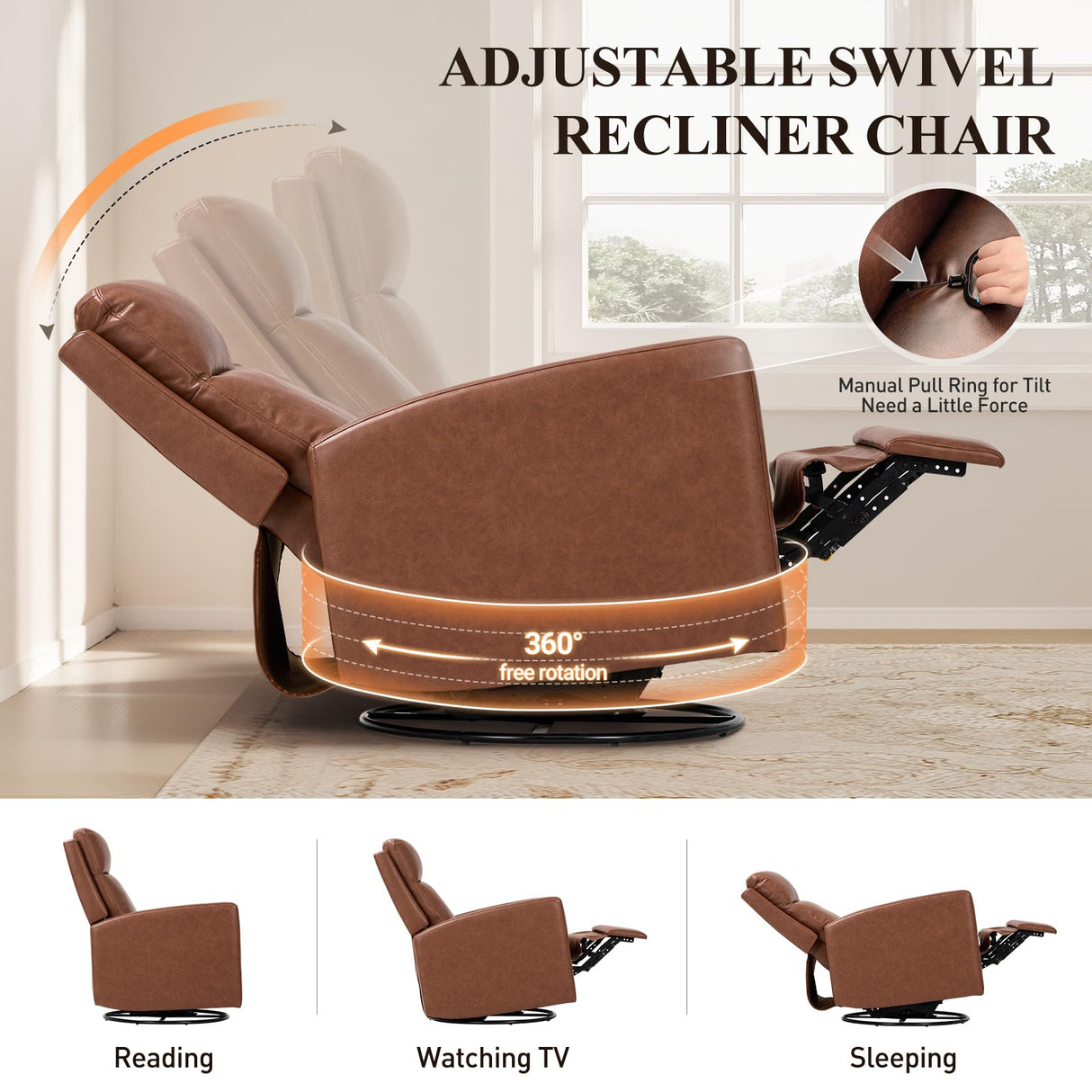 COLAMY Swivel Rocking Recliner,Wide PU Leather Glider Sofa Chair with Ergonomic High Backrest for Living Room, Office, Bedroom（Cocoa） COLAMY