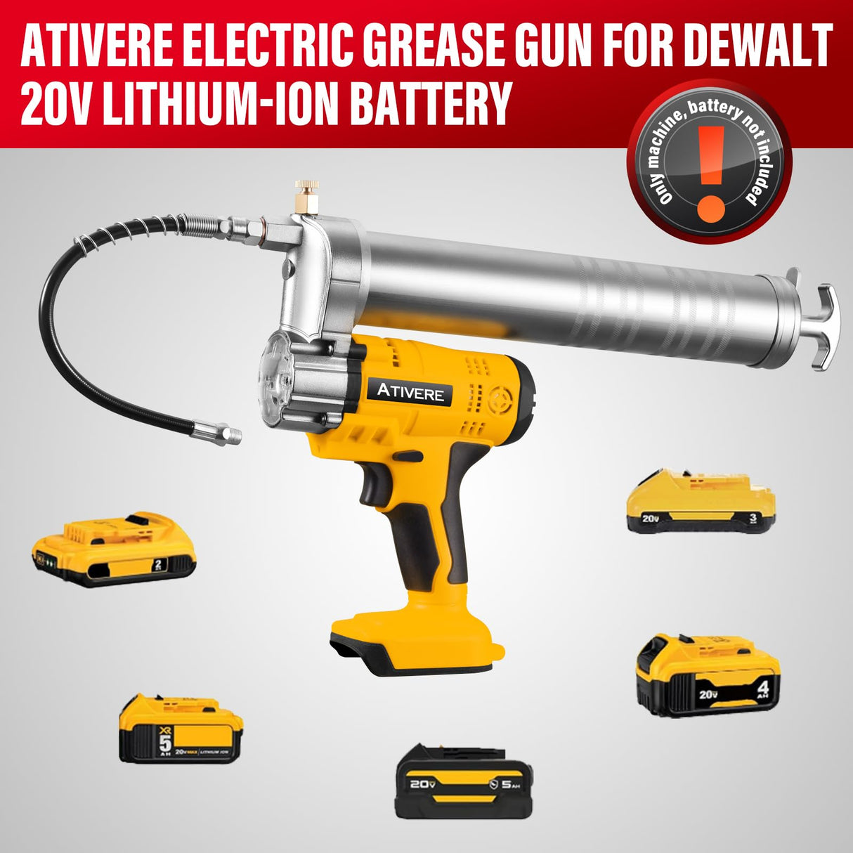 ATIVERE Lithium Battery Grease Gun Cordless for DeWalt 20V Max Battery (NO Battery) Yellow with 12” Spring Flex Hose, 10000 PSI High Pressure Quick Release Grease ATIVERE
