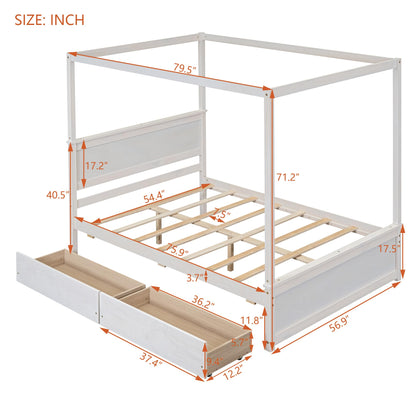 Bellemave Contemporary Wood Canopy Bed with Storage Drawers – Full Size, Brush White Finish - WoodArtSupply