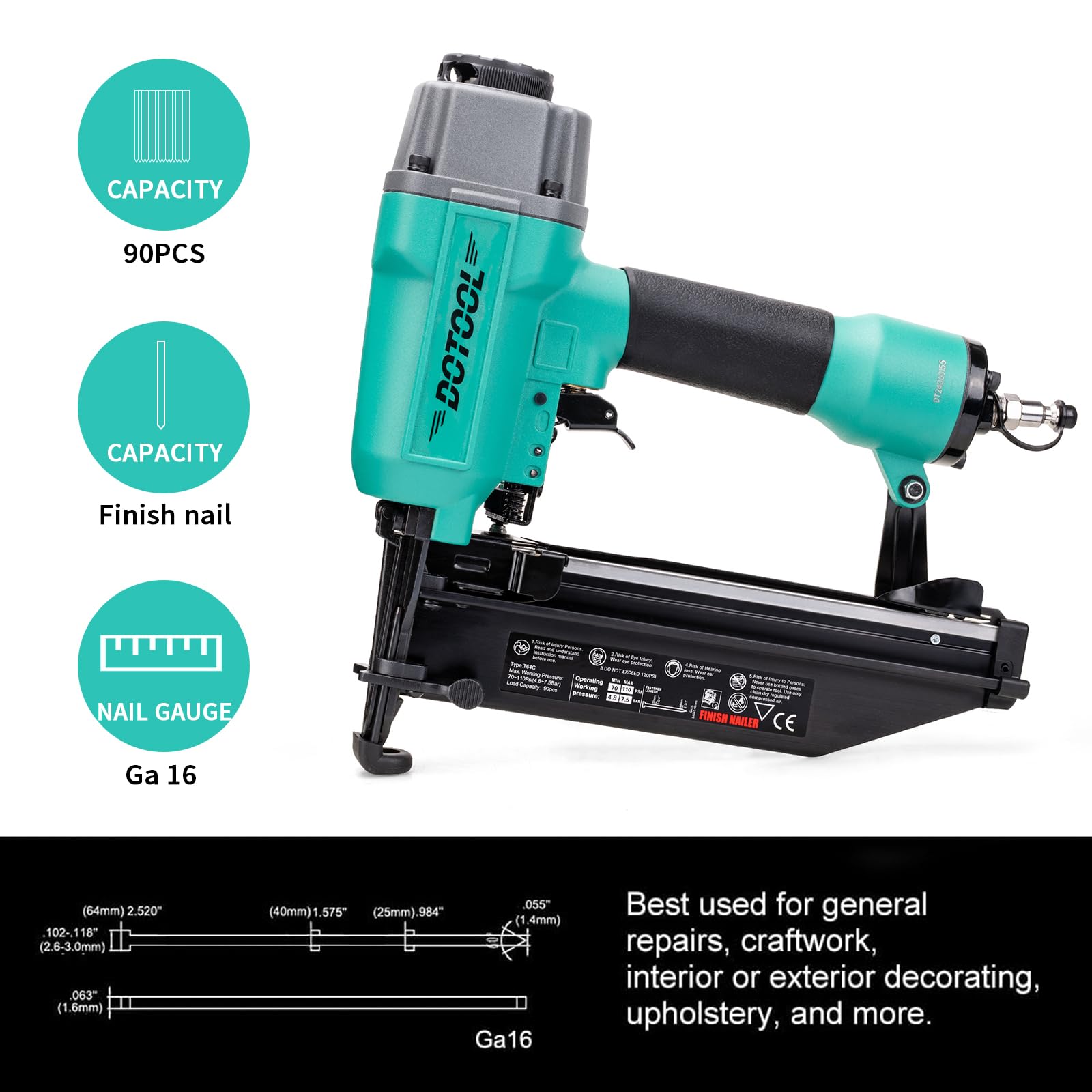 DOTOOL Finish Nailer 16GA 1-inch to 2-1/2-inch Finish Nails Pneumatic Nail Gun with Tool-Free Depth Adjust - WoodArtSupply