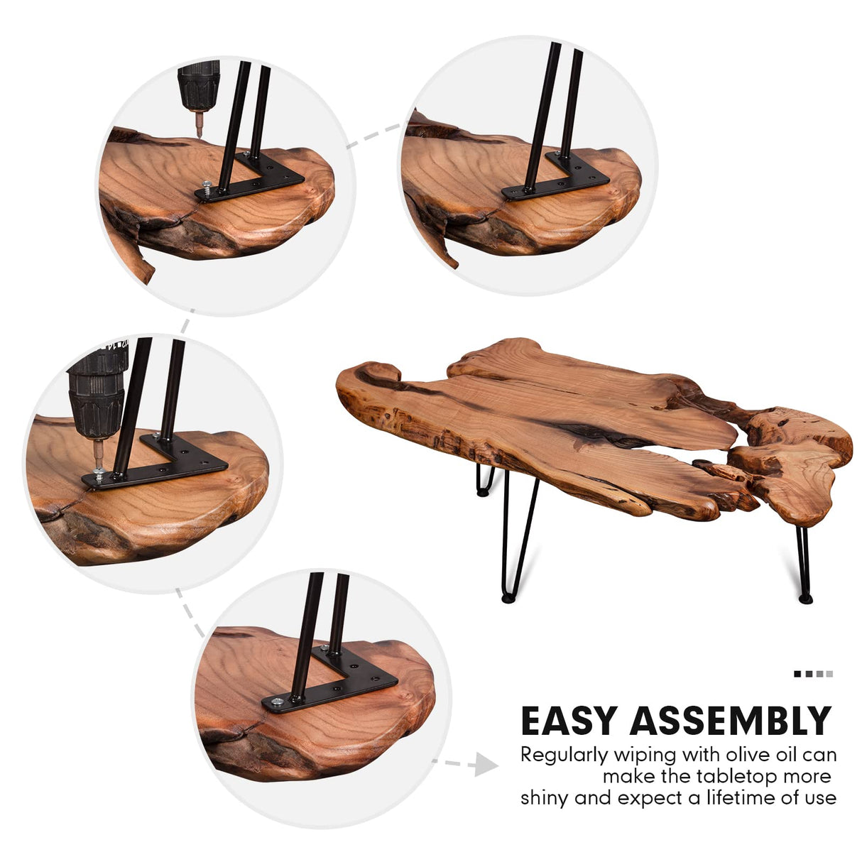 BTEOBFY Live Edge Coffee Table, Natural Living Room Coffee Table with Clear Lacquer Finish and Metal Hairpin Legs,Unique Desktop BTEOBFY