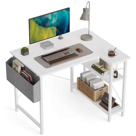 CubiCubi L Shaped Desk, 40 Inch Computer Desk with Reversible Storage Shelves Home Office Corner Desk Study Writing Table, White CubiCubi