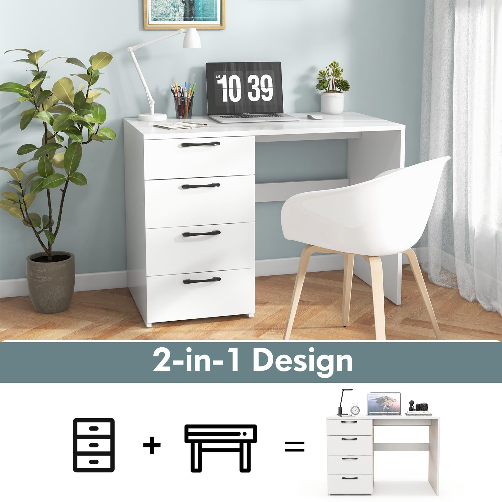 IFANNY White Computer Desk, 43.5’’ Writing Desk with 4 Large Drawers, Modern Executive Desk, Wood Vanity Table with Storage, Student Desk for - WoodArtSupply