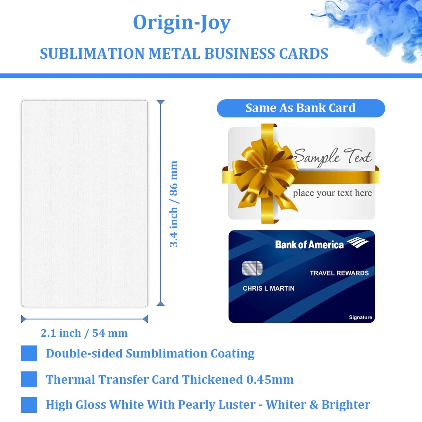 Origin-Joy 25 PCS Sublimation Metal Business Cards, 3.4 x 2.1 Inch Aluminum Printable Business Card Blanks for Custom Color Print (0.45 mm)