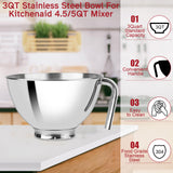 Kltchonald 3-Quart Stainless Steel Bowl for Kitchenaid Tilt-Head Stand Mixers, Stainless Steel Bowl,3 QT Bowl for KitchenAid 4-1/2-Quart and Artisan Stand Mixer Expands the Mixer's Flexibility Kltchonald