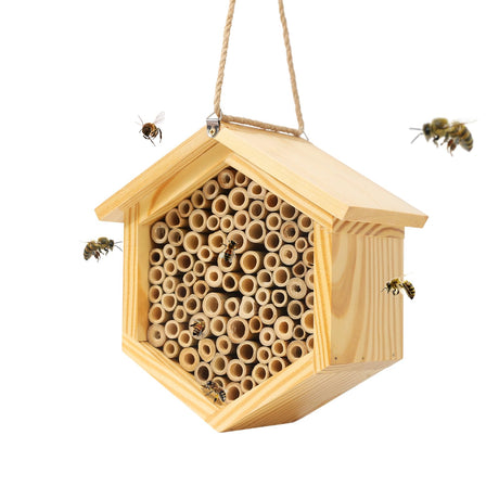 Mason Bee House Native Bee Hive Hexagon Bee House Natural Handmade Wooden Mason Bee Box Habitat Home Hotel with Bamboo Tubes -Attracts Peaceful Bee Pollinators to Enhance Your Garden's Productivity hewewor