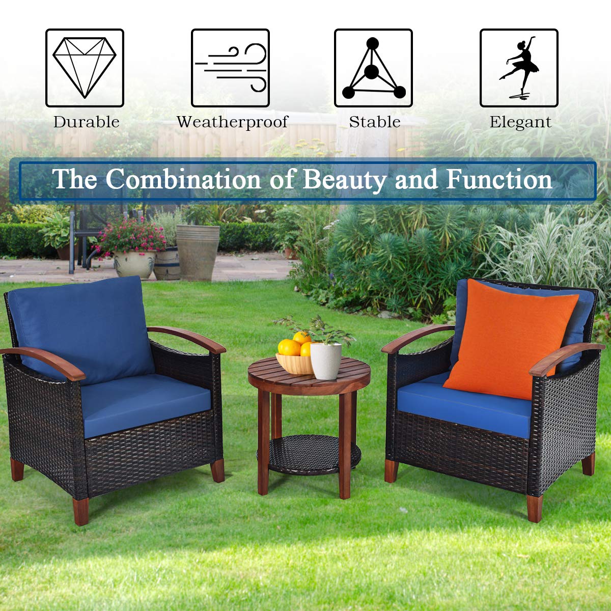 Tangkula 3 Pieces Patio Furniture Set, Outdoor Rattan Sofa and Side Table w/Solid Acacia Wood Frame, High Load Bearing Conversation Bistro Set w/Washable and Removable Cushions (Navy Blue) Tangkula