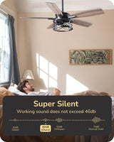 EDISHINE 52" Black Farmhouse Ceiling Fans With Lights, Remote Control, Reversible DC Motor, Dimmable, 5 Wooden Blades Rustic Indoor/Outdoor Ceiling Fan for Living Room Bedroom Porch EDISHINE