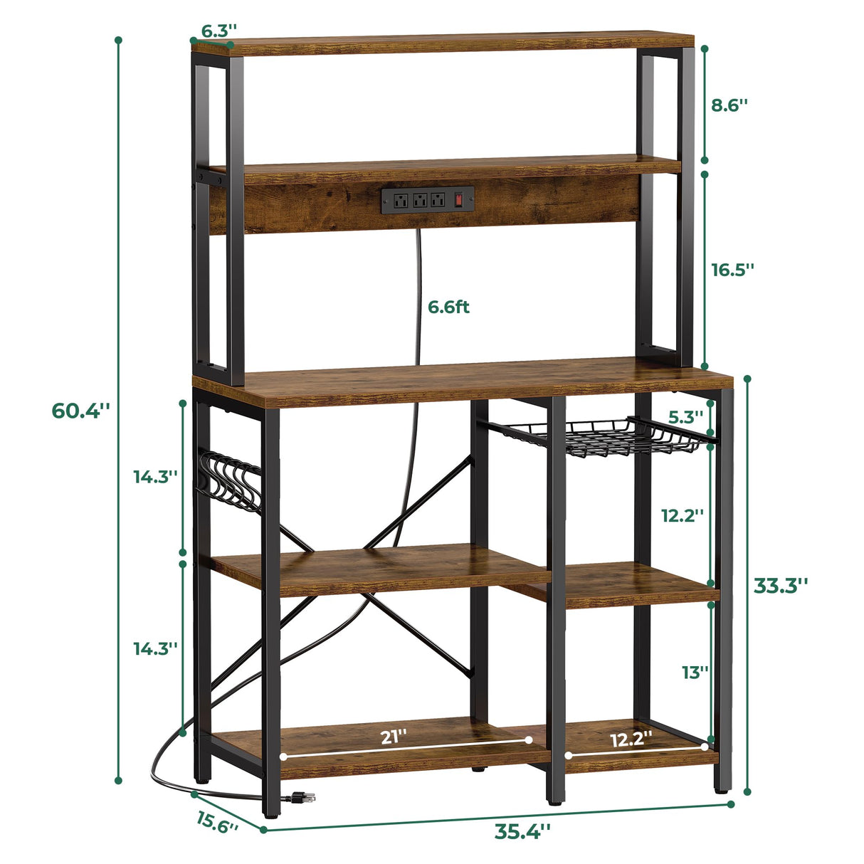 SUPERJARE Rustic Brown Bakers Rack with Power Outlet and Open Storage Space SUPERJARE