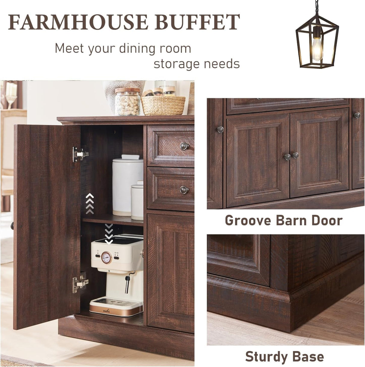 IFGET Farmhouse Sideboard Buffet Cabinet with Storage, 58'' Large Coffee Bar Stroage Cabinet with 2 Drawers and 4 Doors, Wood Rustic Accent Cabinet for Dinning Room, Hallway, and Living Room, Brown IFGET