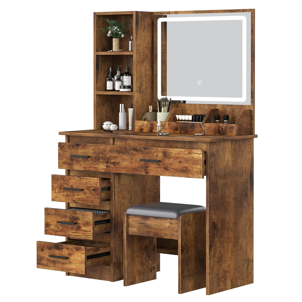 Makeup Vanity Desk,Makeup Desk with Mirror Light,Large Vanity Desk with Storage Shelf & 5 Drawers,Industrial Style Vanity Table with Chair,Bedroom Dressing Table with Mirror Retro Brown and Gold HEVIRGO