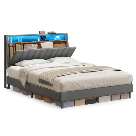VASAGLE LED Bed Frame Queen Size, Storage Headboard and Charging Station, Queen Bed Frame with 2 AC Outlets, 1 USB Port, 1 Type-C Port, No Box Spring Needed, Dove Gray and Camel Brown URMB841G01 VASAGLE