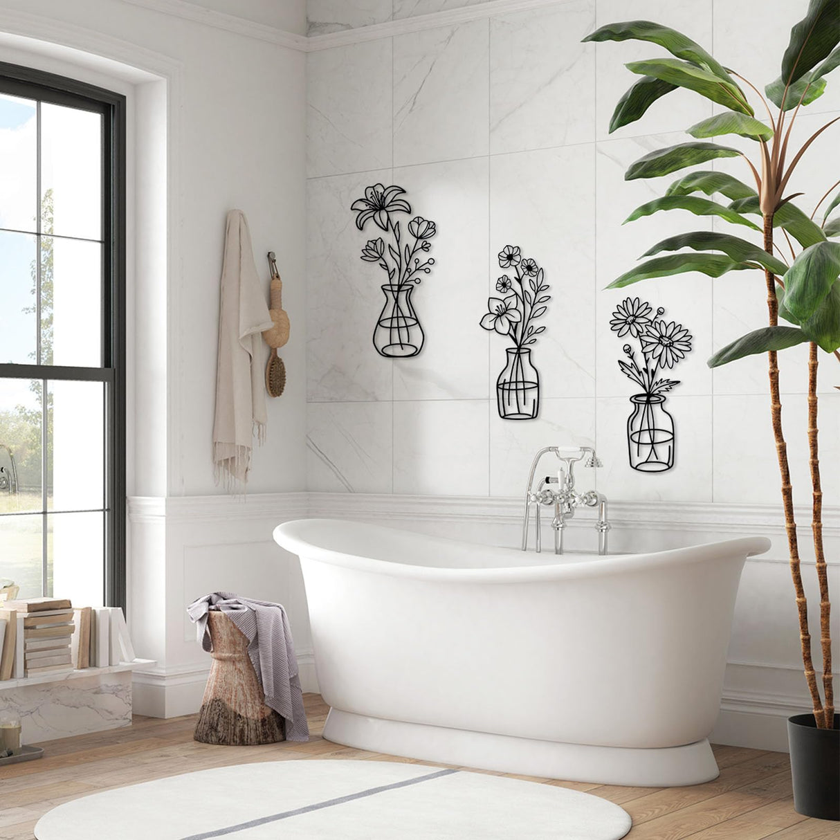 OYEFLY 3 Pieces Metal Flowers Wall Arts,Black Metal Vase Wall Art,Rustic Farmhouse Decor (Black) OYEFLY