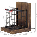 MyGift Rustic Burnt Wood Decorative Bookends for Heavy Books with Matte Black Metal Wire Basket Pencil Cup and Office Supplies Storage Baskets, 1-Pair MyGift