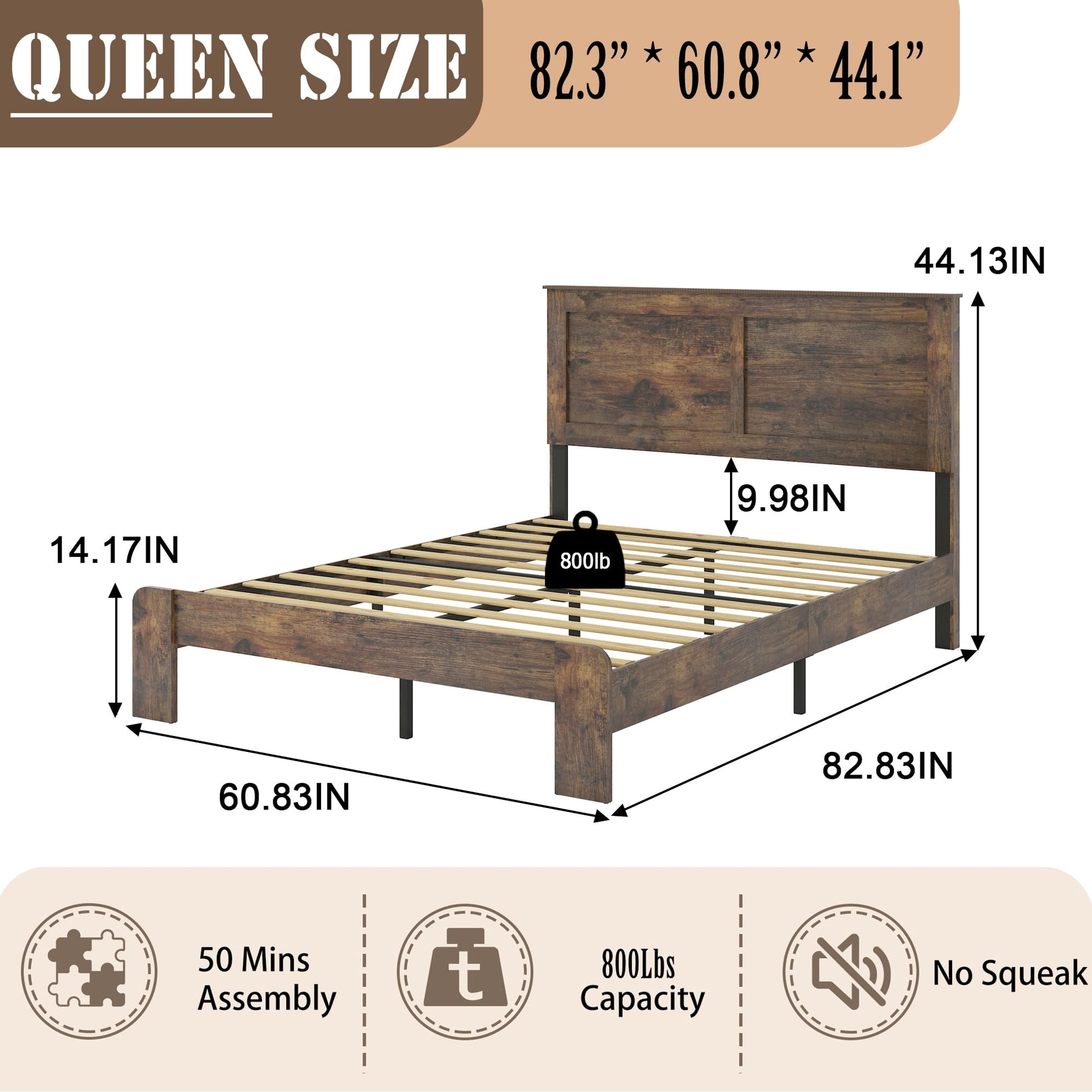 SAMTRA Rustic Brown Queen Size Wooden Bed Frame with Headboard and Slat Support - WoodArtSupply