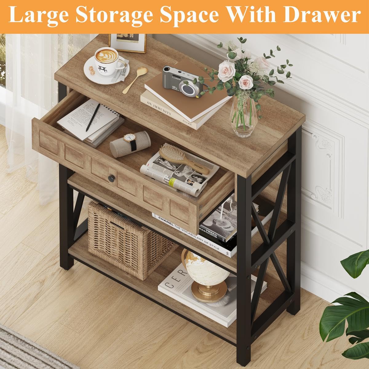 FATORRI Rustic Bookshelf with Drawer, Industrial Wood and Metal Bookcase, Small Short Book Shelf and Low Book case for Small Space (Rustic Oak) FATORRI