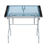 Studio Designs Folding Modern Glass Top Adjustable Drafting Table Craft Table Drawing Desk Hobby Table Writing Desk Studio Desk, 35.25" W x 23.75" D, Silver / Blue Glass SD STUDIO DESIGNS