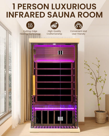 SpaZeit 1 Person Luxurious Far Infrared Sauna for Home Spa, 1700W Low EMF Wooden Dry Sauna Room with Bluetooth Speakers, LCD Control Panel, Tempered Glass Door, 74.76"x40.2"x40.56"