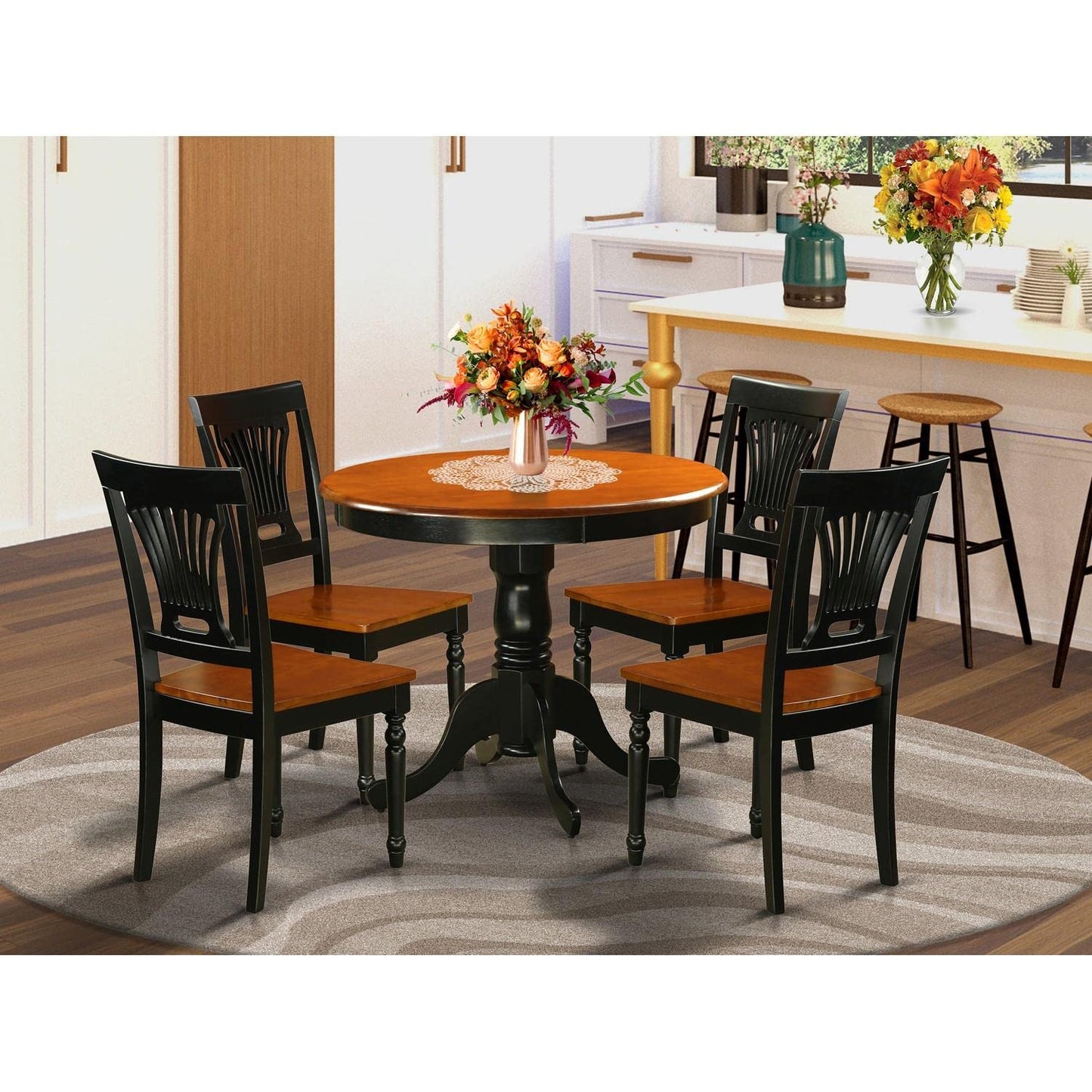 East West Furniture ANPL5-BLK-W 5 Piece Kitchen Set Includes a Round Dining Room Table with Pedestal and 4 Solid Wood Seat Chairs, 36x36 Inch, Black & Cherry - WoodArtSupply