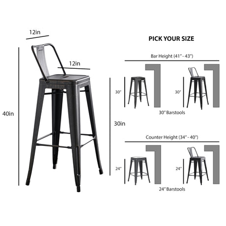 AC Pacific 30” Metal Barstool Set of 2 – Country Rustic Style with Low Back, Lightweight & Sturdy Build, Easy Assembly – Distressed Black AC Pacific