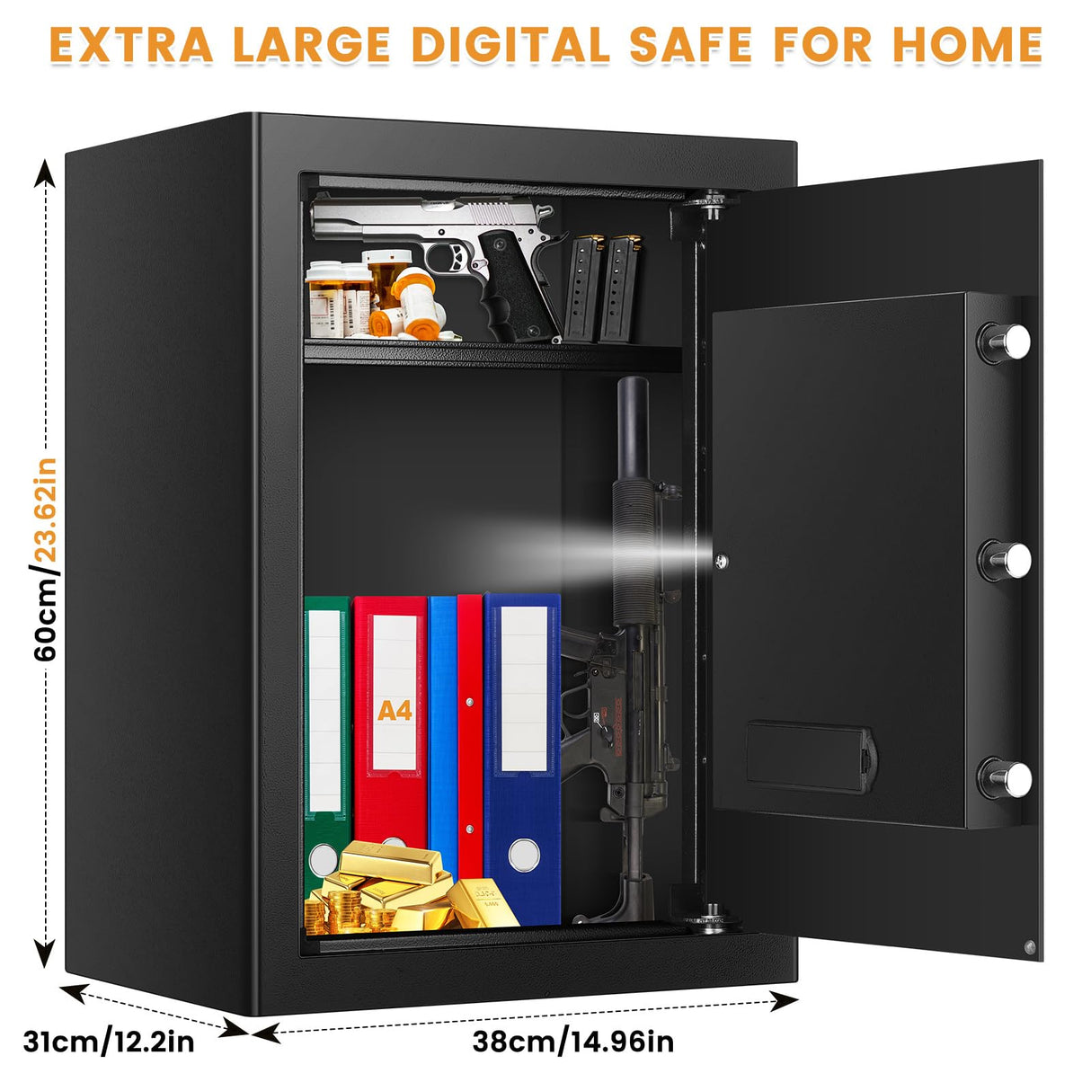 3.8 Cu ft Extra Large Safe Box Fireproof Waterproof, Security Home Safe with Fireproof Bag, LCD Digital Keypad Key Lock and Removable Shelf, Fire Document Safe for Money Medicines Jewelry Valuables Povanje