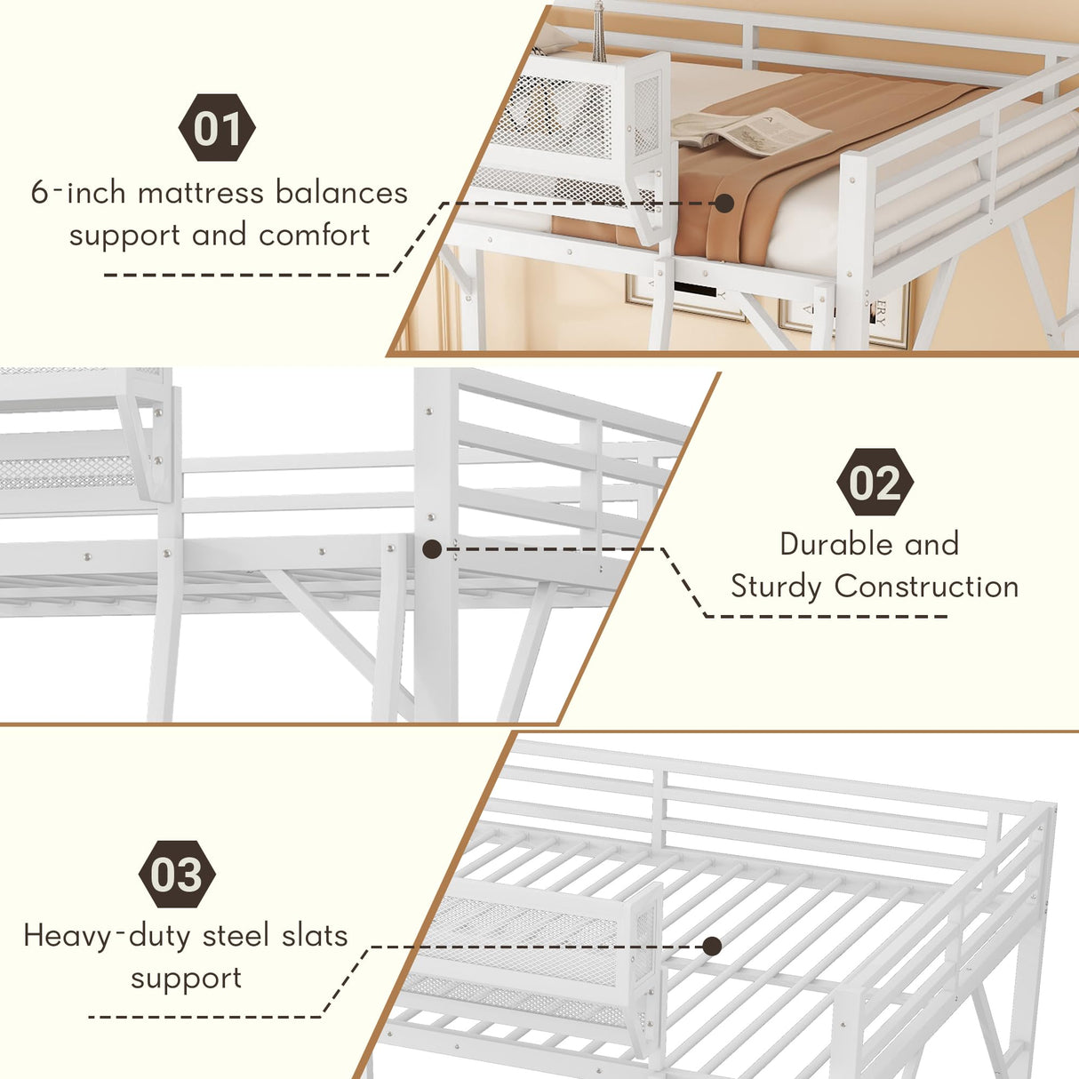 Mirightone Queen Size loft Bed with A Shelf, Metal Loft Beds with Soft Ladder Rung Cover, Heavy-Duty Tall Loft Bed Frame for Kids Boys Girls Teens Adults, Noise-Free,No Box Spring Needed, White Mirightone