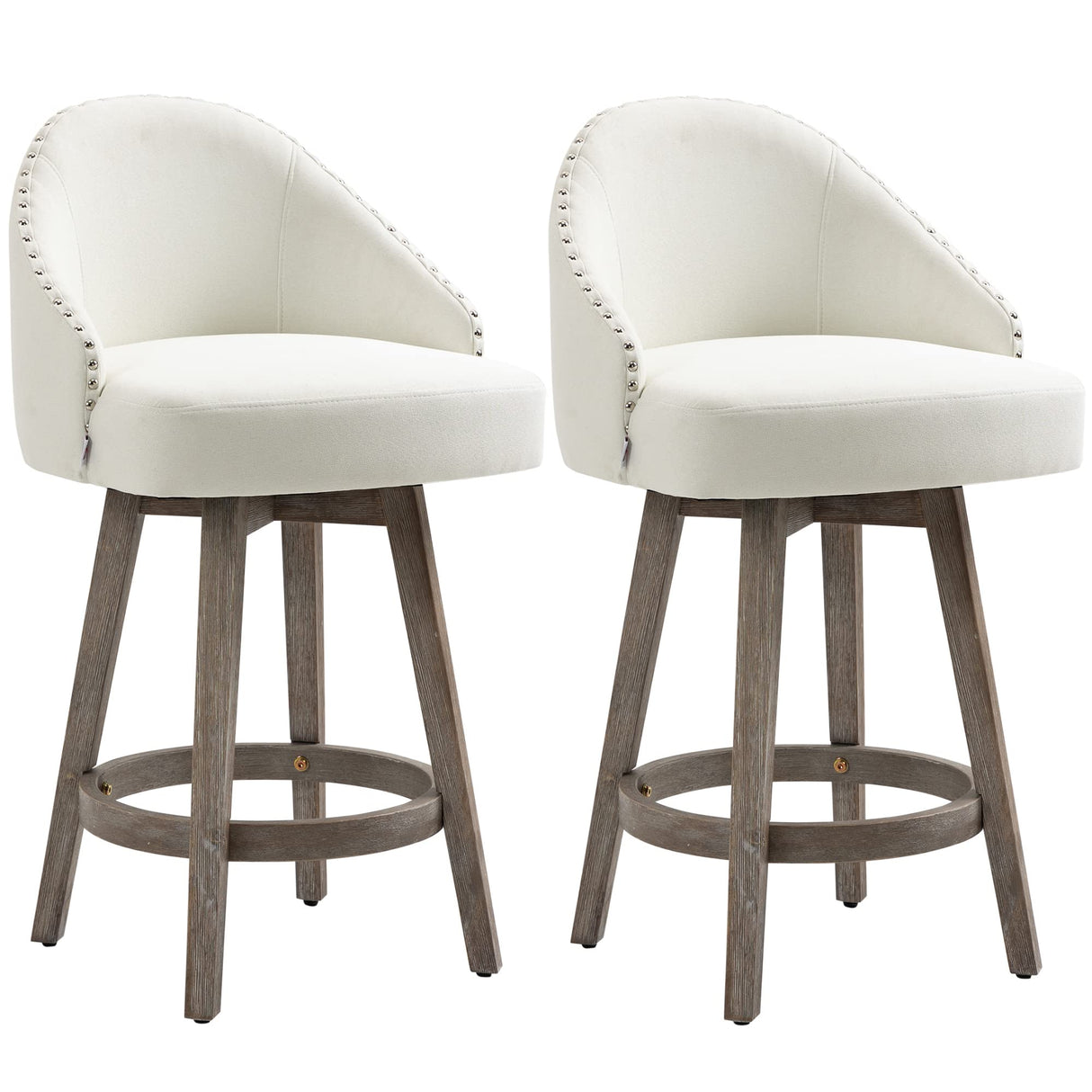 HOMCOM 26" Counter Height Bar Stools, Linen Fabric Kitchen Stools with Nailhead Trim, Rubber Wood Legs and Footrest for Dining Room, Counter, Pub, Set of 2, Cream White HOMCOM