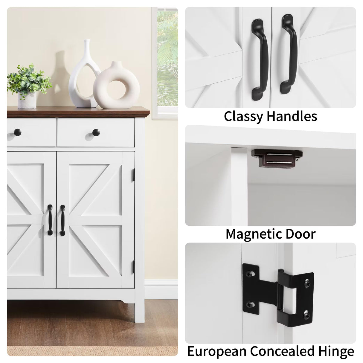 Farmhouse Buffet Cabinet with 2 Drawers & Adjustable Shelf, 2 Barn Door Storage Sideboard for Kitchen, Entryway, Living Room, White eShelf