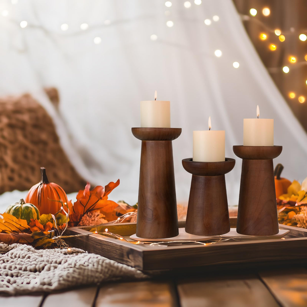 Pillar Candle Holders Set of 3， Wooden Candle Holders， Decorative Wood Candlestick Holders for Living Room, Table Centerpiece for Wedding, Christmas, Party, Home - 6", 8", 10" CEDARLUX