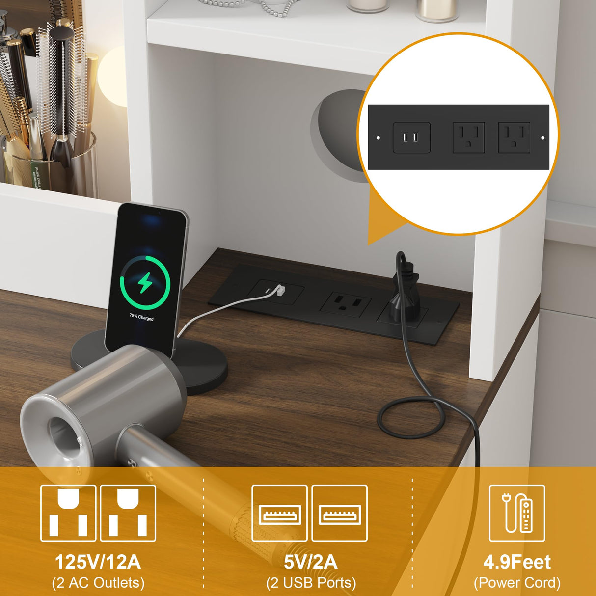 GarveeHome Makeup Vanity and Stool, Vanity Desk with Lights in 3 Colors, White Vanity Table with Charging Station, 6 Drawers and Cabinets GarveeHome