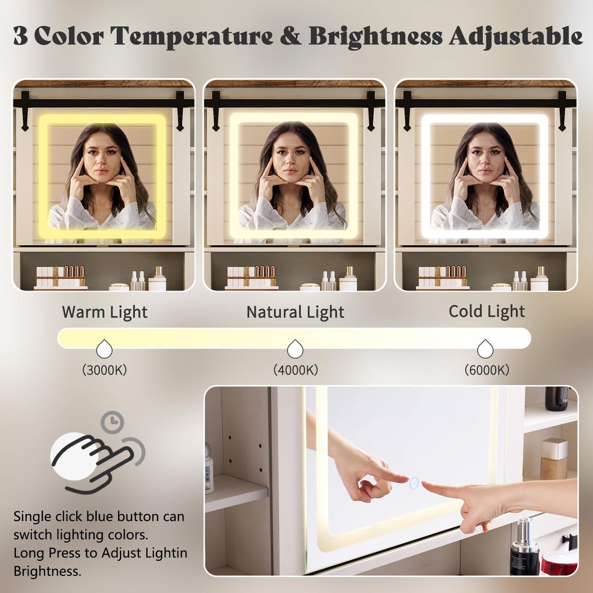 AMERLIFE 42'' Farmhouse Makeup Vanity Desk with Sliding Mirror and Lights, Glass Tabletop Vanity Table with 2 Drawers & Shelves for Bedroom(NO Bench), Antique White AMERLIFE