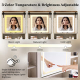 AMERLIFE 42'' Farmhouse Makeup Vanity Desk with Sliding Mirror and Lights, Glass Tabletop Vanity Table with 2 Drawers & Shelves for Bedroom(NO Bench), Antique White AMERLIFE