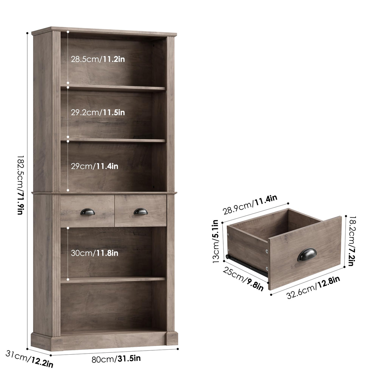 FACBOTALL 72" Farmhouse Bookshelf and Bookcase with Storage, Tall Bookshelf with Drawers, 5 Tier Book Shelf with Storage, Wood Display Shelves for Home Office, Study, Wash Gray FACBOTALL