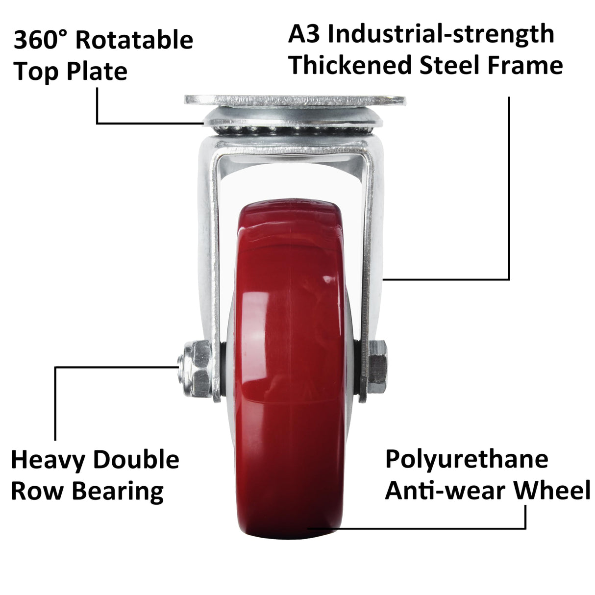 Finnhomy 4” Swivel Casters Wheels Set of 4 Plate Casters Heavy Duty Premium Polyurethane Wheels PU Load Bearing 2,600 Lbs Anti-wear Smooth Casters Red (Free Screws) Finnhomy