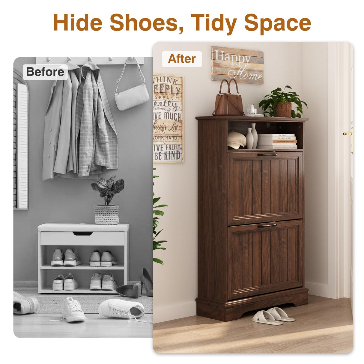 Shoe Storage Cabinet with 2 Flip Drawers, 24" W Farmhouse Modern Hidden Shoes Rack Cabinet with Adjustable Shelves & Open Storage, Narrow Slim Shoe Organizer for Front Door Entrance, Entryway, Walnut WINWY