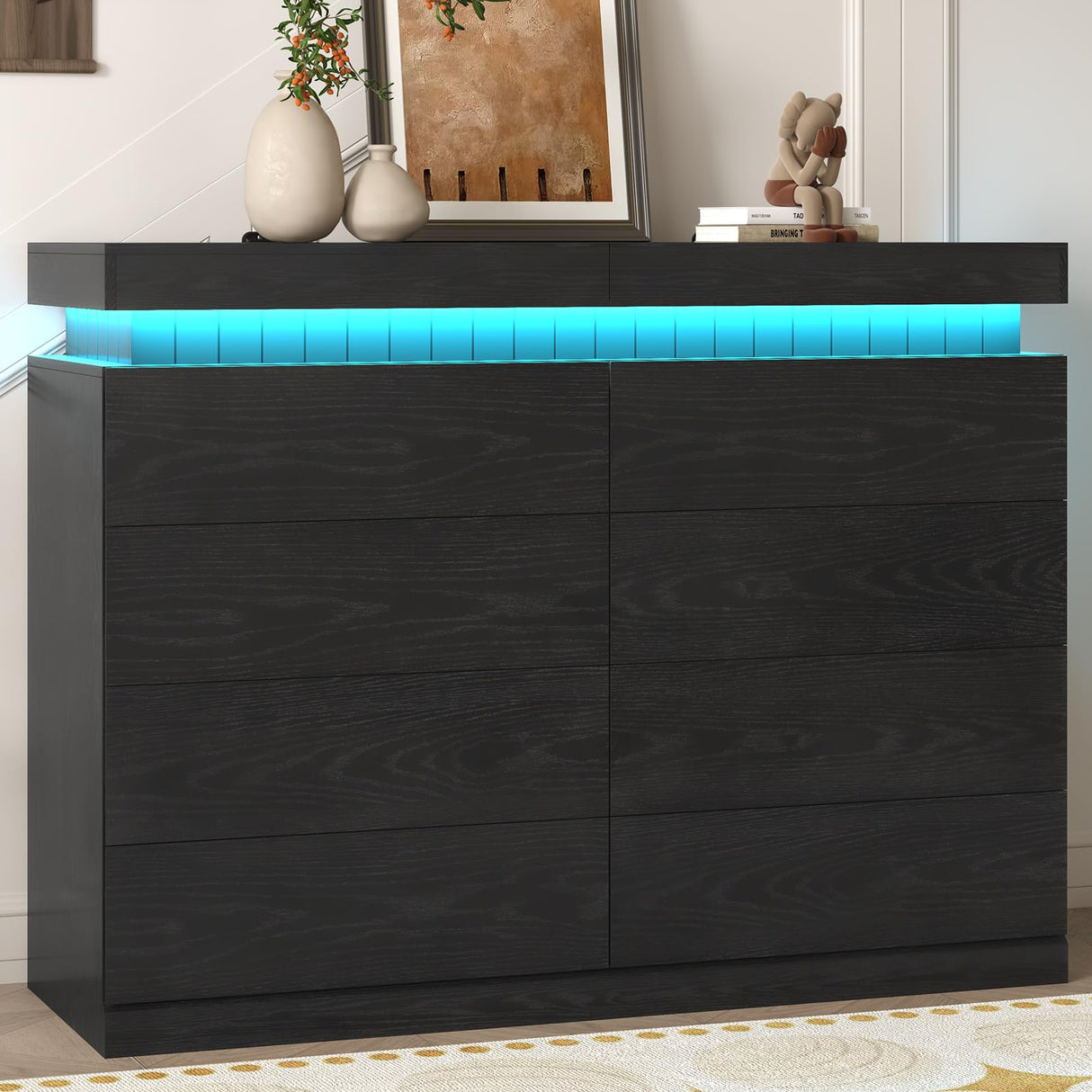 UPOSOJA Tall Black Dresser for Bedroom, Modern 8 Wood Drawers with LED Light and Power Outlet, Floating Dressers for Closet, Large Chest of Drawer for Living Room, Hallway, Entryway (8 Drawers,Black) UPOSOJA